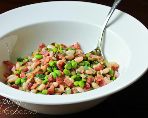 White Bean Edamame Salad with Bacon and Smoky Red Wine Vinaigrette