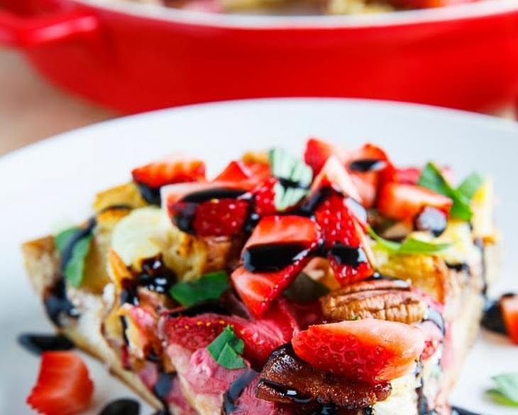 Strawberry, Bacon and Goat Cheese Strata with Balsamic Syrup