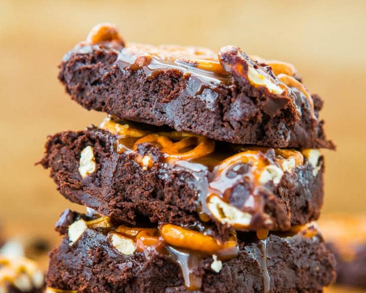 Salted Caramel Pretzel-Topped Fudgy Brownies