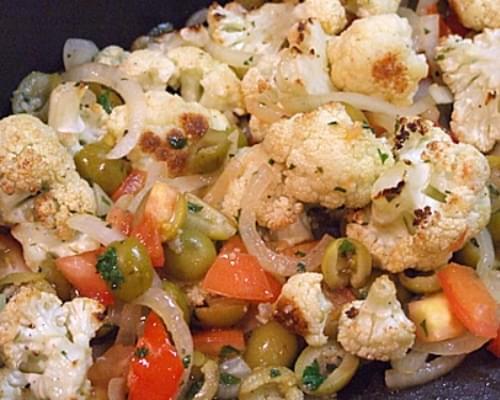 Roasted Cauliflower with Tomato and Green Olives