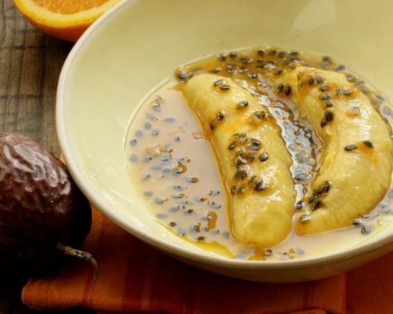 Baked Bananas With Passion Fruit And Minty Creme Fraiche