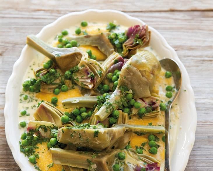 Braised Artichokes with Shallots & Peas