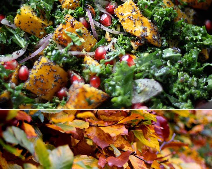 Poppy Seed-Crusted Butternut Squash with Kale and Pomegranates