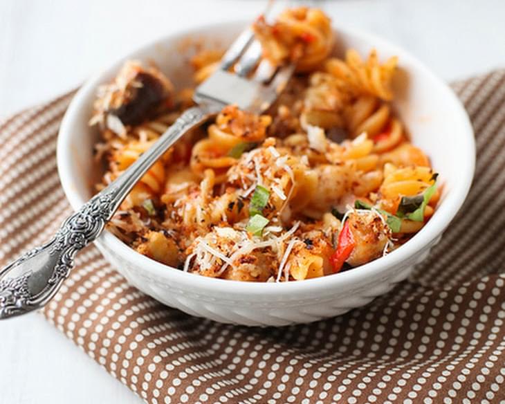 Cheesy Baked Pasta with Roasted Red Pepper Sauce and Eggplant