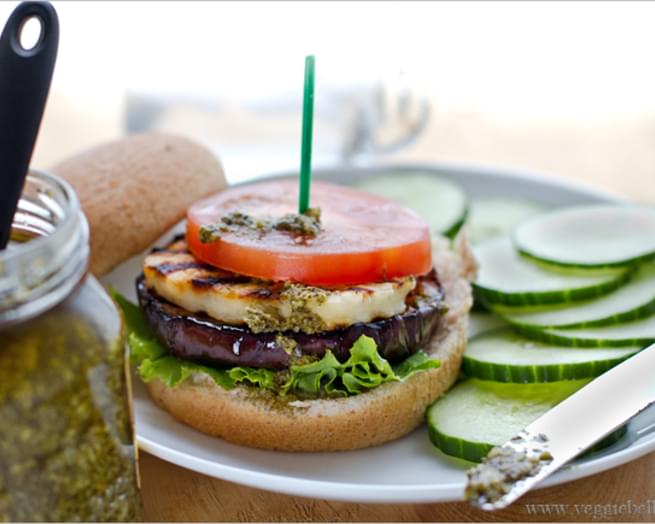 Grilled Eggplant, Halloumi and Pesto Burgers