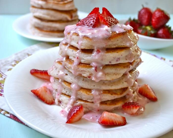 Strawberry Pancakes with Strawberry Cream Cheese Glaze