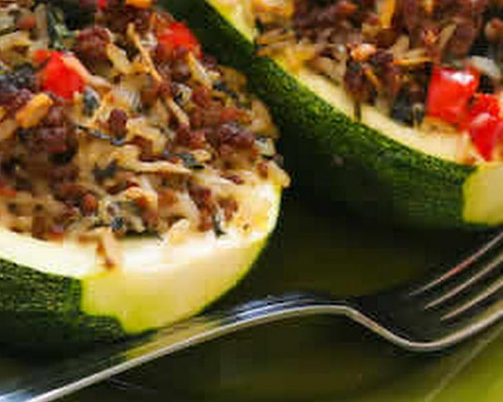 Stuffed Zucchini with Brown Rice, Ground Beef, Red Pepper, and Basil