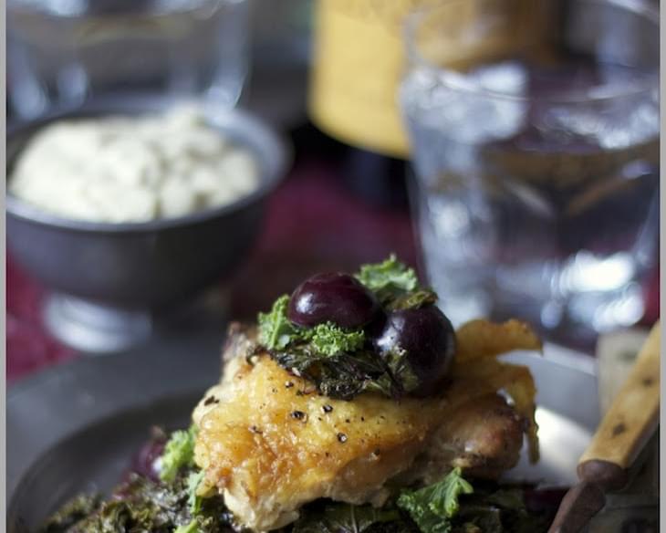 Roast Chicken with Summer Cherries and Kale Chiffonde