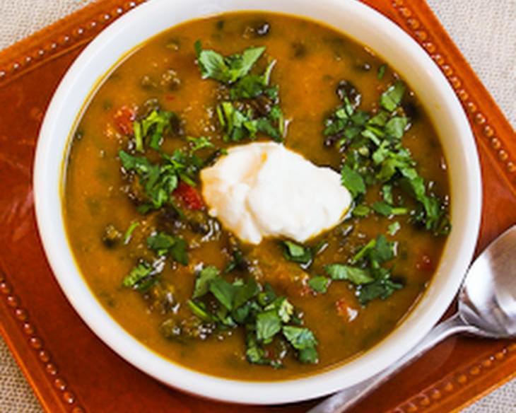 Spicy Butternut Squash Soup with Black Beans, Red Bell Pepper, and Cilantro