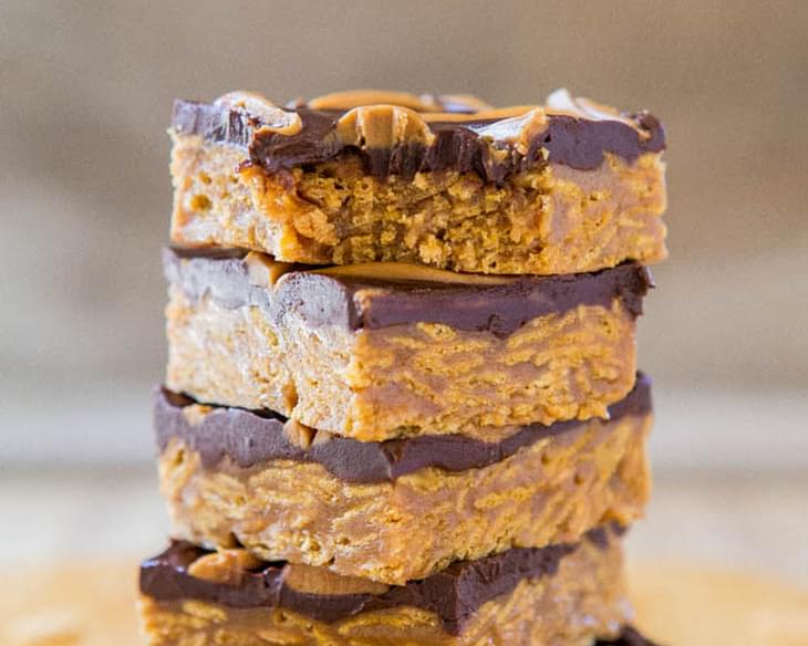 No-Bake Triple Peanut Butter and Chocolate Chewy Cereal Bars (vegan, gluten-free)