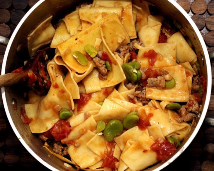 Fresh Pasta with Favas, Tomatoes and Sausage