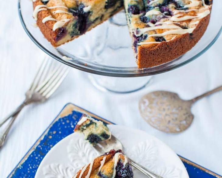 Blueberry and Jam Buttermilk Coffee Cake with Buttery Vanilla Glaze