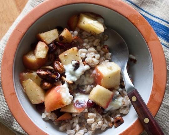 Apple Farro Breakfast Bowl with Cranberries and Hazelnuts