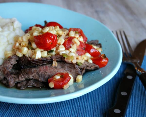 Grilled Skirt Steak with Warm Corn and Cherry Tomato Salad