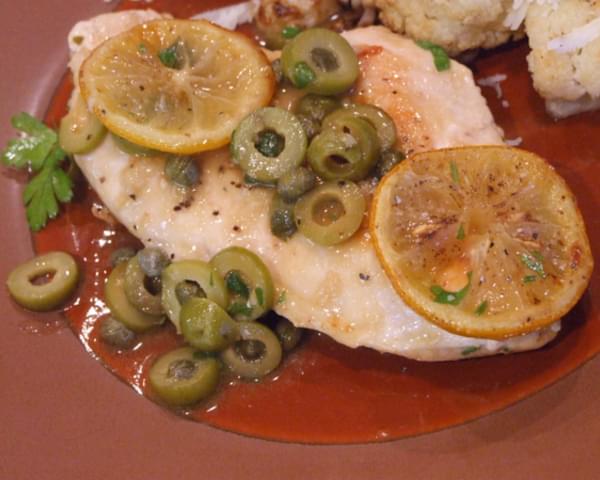 Sauteed Chicken with Olives, Capers and Roasted Lemons