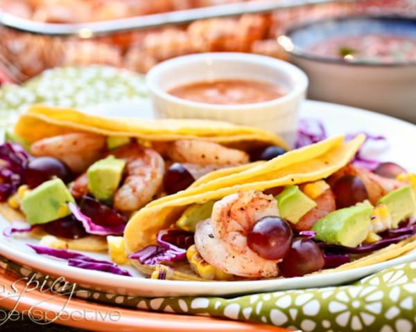 Shrimp Taco Recipe with Ranchero Sauce, Grilled Corn and Grapes