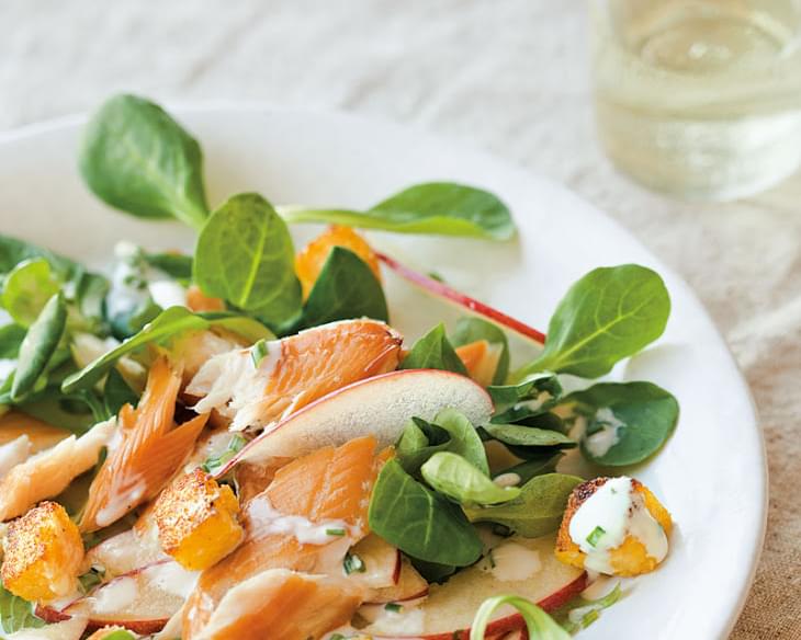 Smoked Trout & Apple Salad with Polenta Croutons