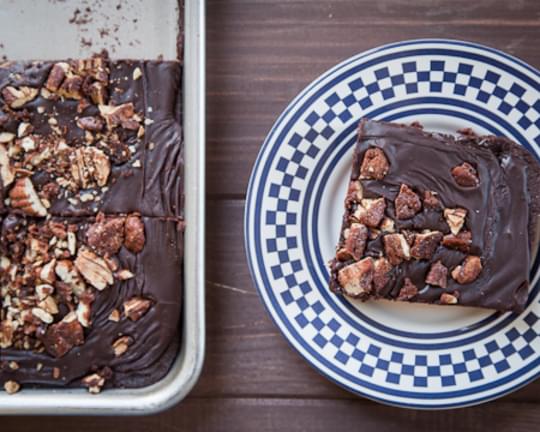Tex Mex Sheet Cake (Texas Sheet Cake with Mexican Chocolate spices) with Sugar Spiced Pecans