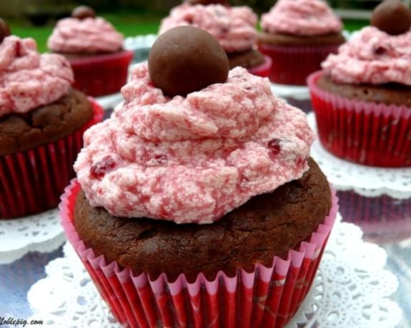 Double Chocolate Malt Shop Cupcakes with Cherry-Vanilla Buttercream
