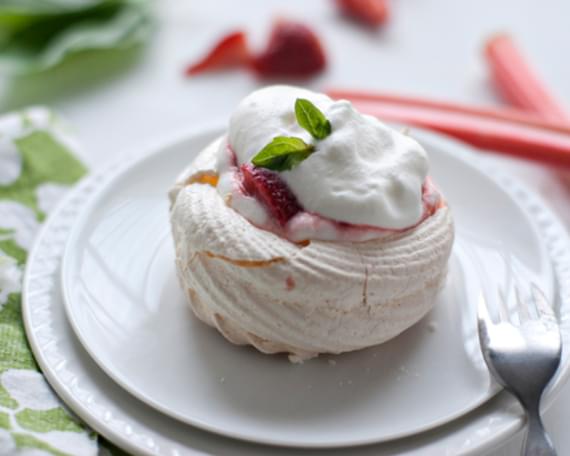 Meringue Nests with Basil Scented Strawberry-Rhubarb Compote