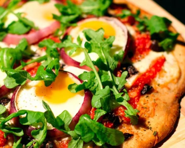 Pizza with Eggs, Roasted Red Peppers, Olives and Arugula