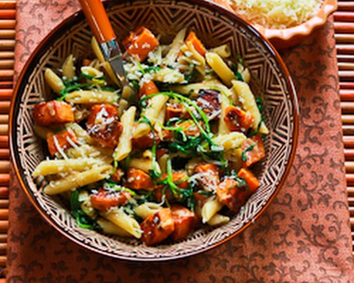 Easy Penne Pasta with Balsamic Sweet Potatoes, Baby Arugula (or Spinach), and Parmesan