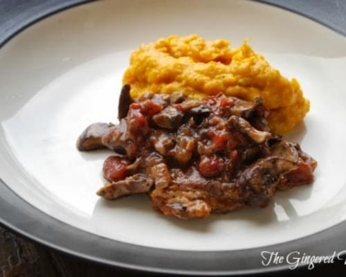 Smothered Pork Chops with Mashed Cheddar Buttercup Squash