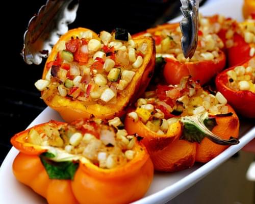 Smoke-Roasted Bell Peppers Stuffed With Garden Vegetables