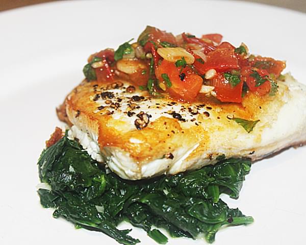 Pan Seared Halibut With Spinach and A Spicy Tomato Sauce