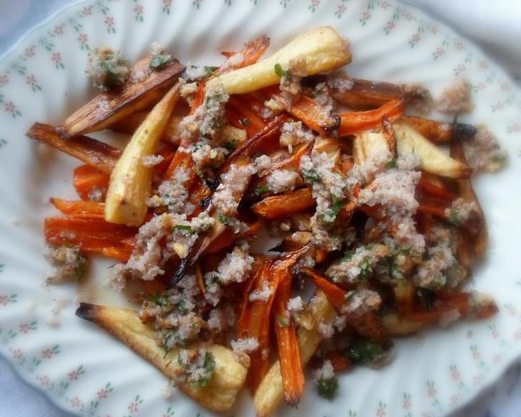 Roasted Parsnips and Carrots with a Walnut Sauce