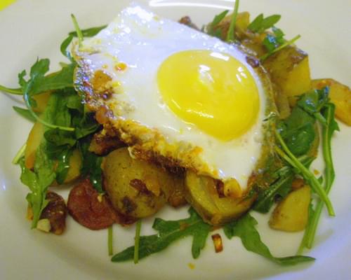 Chorizo, Rocket & New Potato Hash with a fried egg