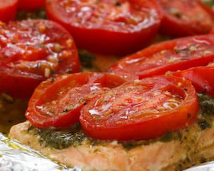 Foil-Baked Salmon with Basil Pesto and Tomatoes