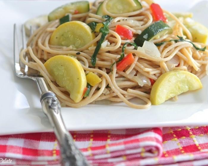 Vegetable Party Spaghetti with Warm Garlic Thyme Olive Oil