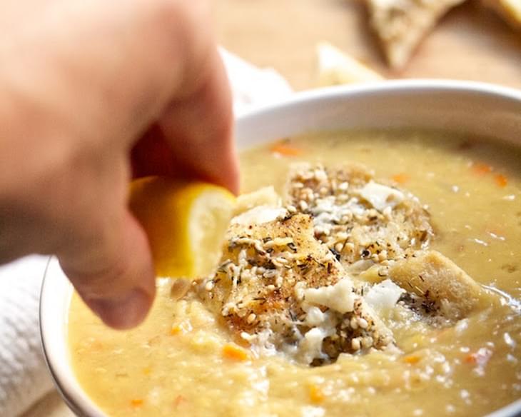 Creamy Red Lentil Soup with Cheesy Pita Croutons