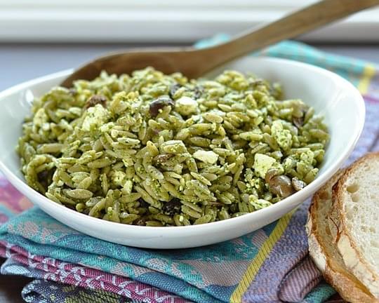 Orzo Salad with Spinach Pesto, Olives & Feta