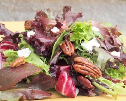 Mesclun Salad with Goat Cheese, Maple-Glazed Pecans & Maple Dijon Vinaigrette