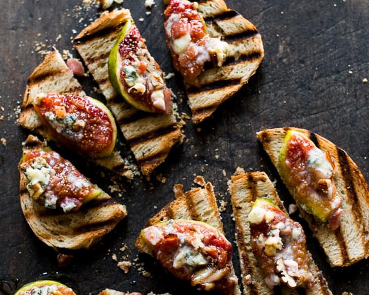 Baked Fig with Bacon, Cheese, Pecans on Bruschetta