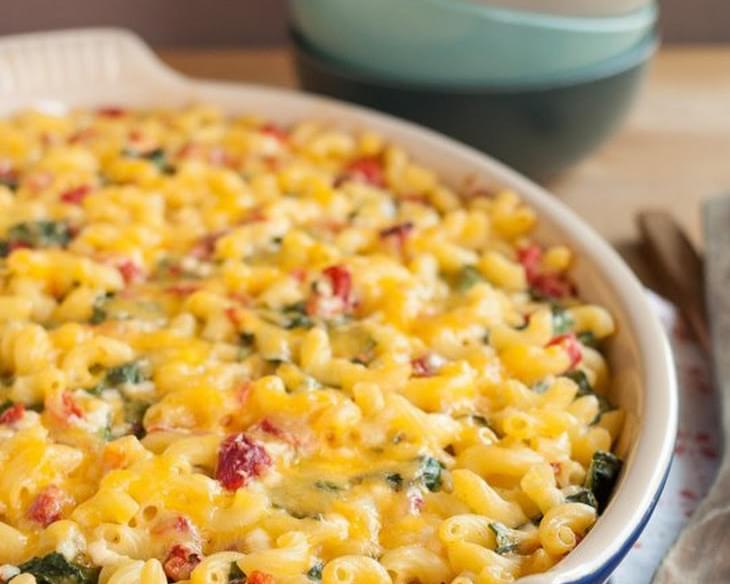 Baked Macaroni & Cheese with Spinach & Red Peppers