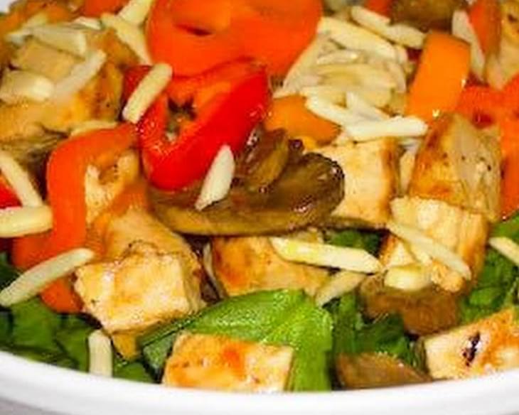Asian Spinach Salad with Chicken, Mushrooms, Peppers, and Almonds