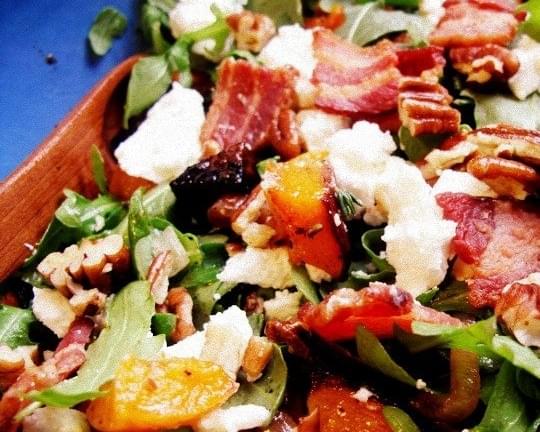 Roasted Squash and Arugula Salad with Pecans, Bacon, and Goat Cheese