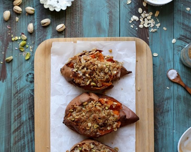 Oat and Pistachio Crumble Topped Baked Sweet Potatoes