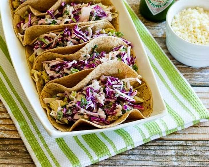 Low-Carb Slow Cooker Green Chile Chicken Tacos with Poblano-Cabbage Slaw