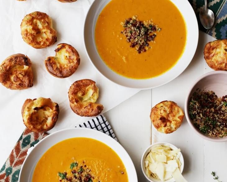 Creamy Spiced Squash Soup with Parmesan Thyme Popovers