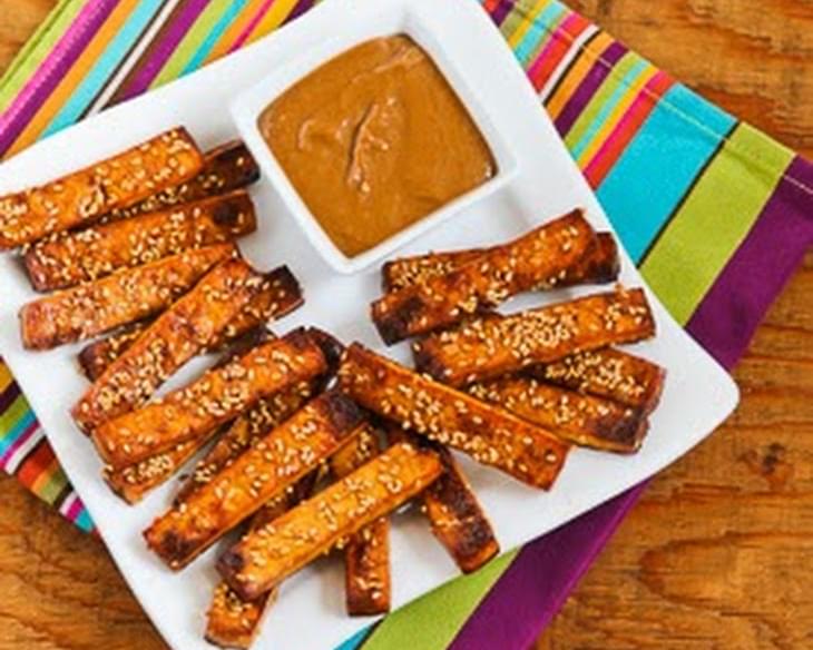 Baked Sesame Tofu Sticks with Peanut Butter, Tahini, and Ginger Sauce