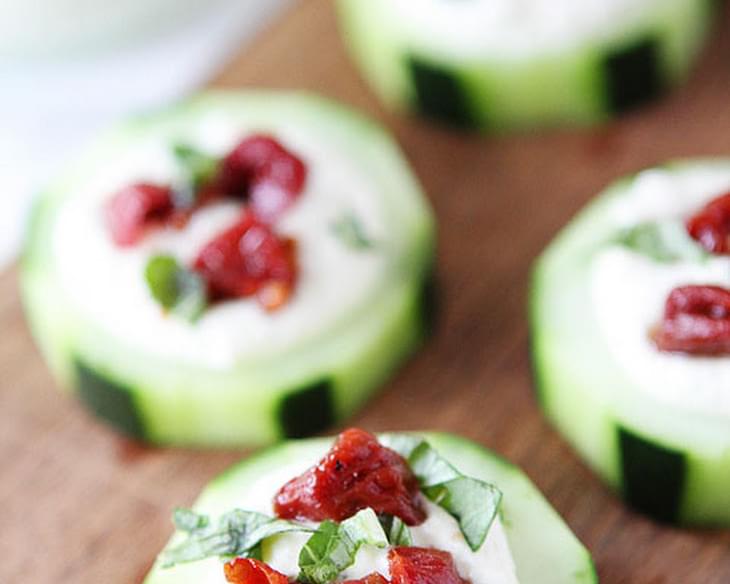 Cucumber Canapes with Whipped Feta, Sun-Dried Tomatoes, and Basil