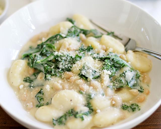 One Pan Creamy Parmesan Garlic Gnocchi with White Beans and Kale