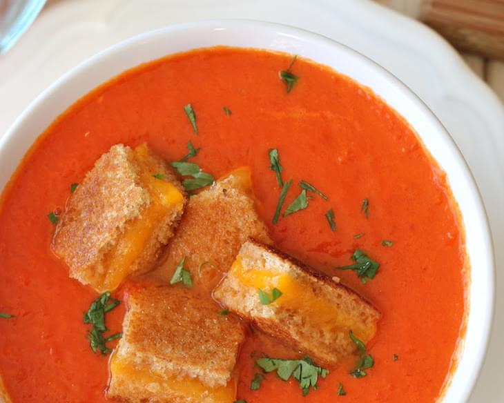Creamy Tomato Soup with Grilled Cheese "Croutons"