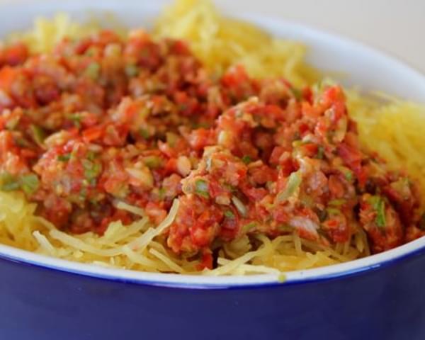 Simple Summer Raw Tomato Sauce (Over Spaghetti Squash)