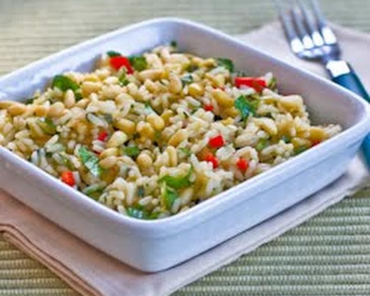 Lemon Rice with Scallions, Red Bell Pepper, Cilantro, and Pine Nuts