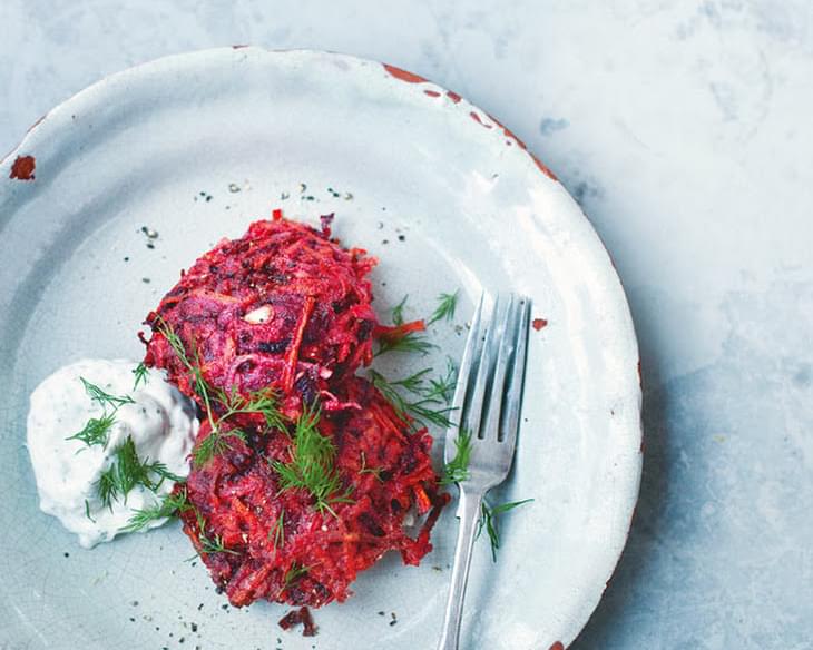 Beet and Carrot Fritters with Yogurt Dill Sauce